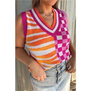 Striped Checkered Contrast Patchwork V Neck Sweater Vest